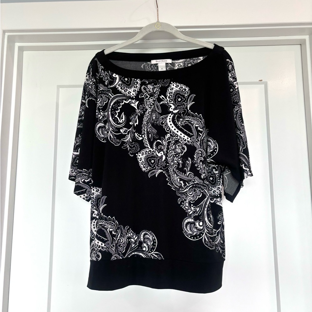 White House Black Market Paisley Print Short Dolman Sleeve Stretch Top Sz M